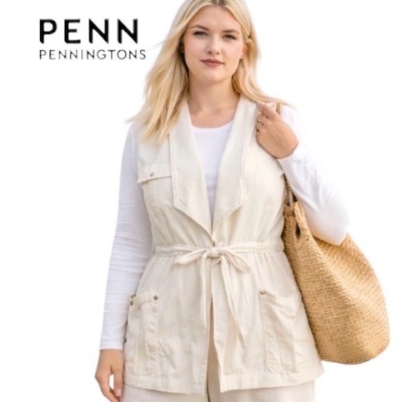 Penningtons Tops - 3X Linen Tie Front Vest from PENN. Coastal. Nantucket natural.